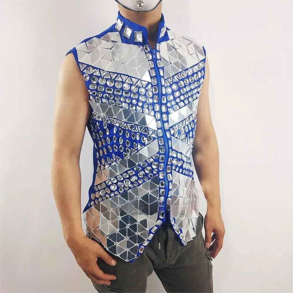 Male Mirror Rhinestone Waistcoat Sequin Crystal Vest Coat Outfit Christmas Party Celebration Stage Performance Dance
