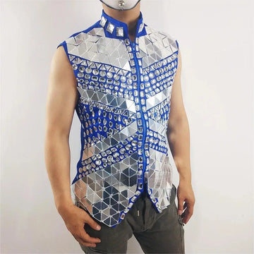 Male Mirror Rhinestone Waistcoat Sequin Crystal Vest Coat Outfit Christmas Party Celebration Stage Performance Dance