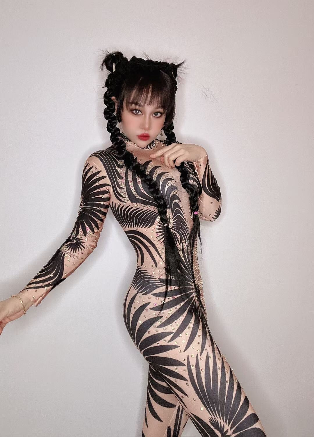 Sexy Female High Elastic Dance Suits Zebra Stripe Printing And Diamonds Costumes