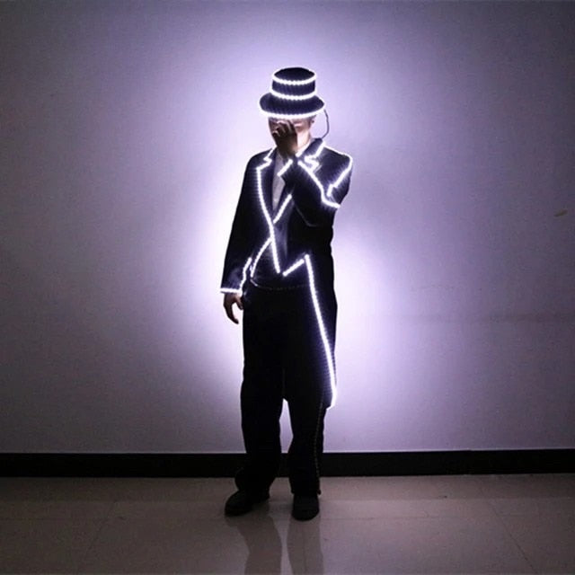 High Quality LED Illuminated Tuxedo Stage Suits Mike Mechanical Dance Show Costumes Bar Night Lights Clothes Hats and Pants