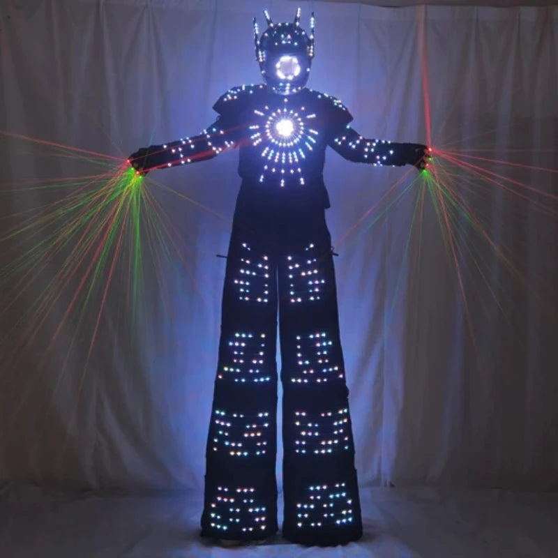 David Guetta LED Robot Suit Light-Up Stilts Walker Costume Luminous Dance Clothing Laser Gloves CO2 Gun Jet Machine Performance