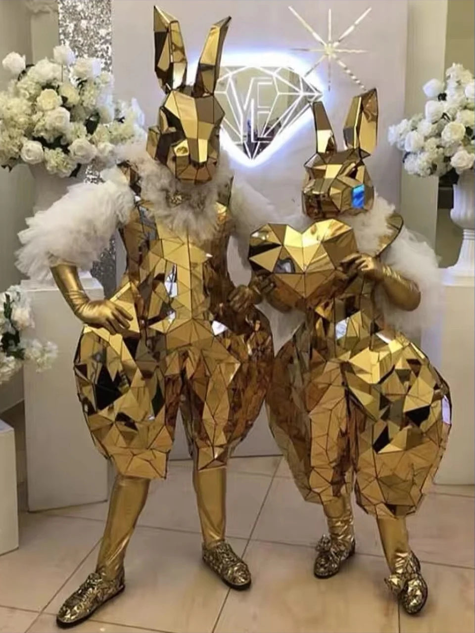 Gold Silver Mirror Rabbit Mask Doll Costume Hand Sewn Durable Amusement Park Uniform Suit Halloween Cosplay Christmas Party Prop