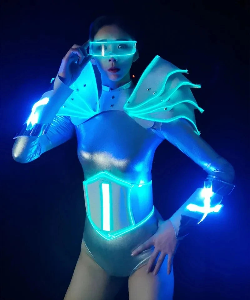 LED Punk Cyber Dance Suit Luminous Technology Costumes Bar Party Ice Blue Troupe Bar Gogo Clothing Nightclub Celebration Party