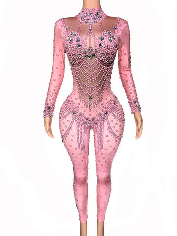 New Arrival Pink Crystals Jumpsuit Bling Glass Diamond Skinny Elastic Bodysuit Celebrate Costume Stage Performance