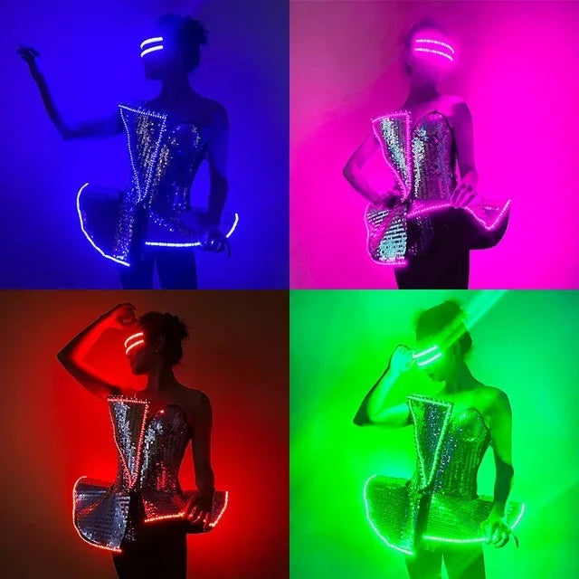 LED Punk Cyber Dance Suit Luminous Technology Costumes Bar Party Ice Blue Troupe Bar Gogo Clothing Nightclub Celebration Party