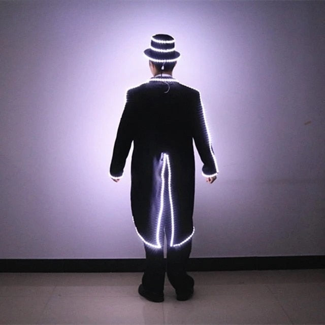 High Quality LED Illuminated Tuxedo Stage Suits Mike Mechanical Dance Show Costumes Bar Night Lights Clothes Hats and Pants