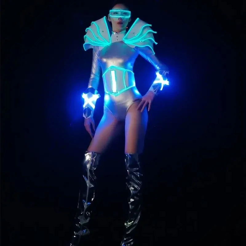 LED Punk Cyber Dance Suit Luminous Technology Costumes Bar Party Ice Blue Troupe Bar Gogo Clothing Nightclub Celebration Party