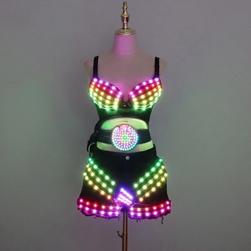新しい LED 衣装ライトアップブラジャーセクシーな女性パーティーダンススーツベルト DJ ナイトクラブバー光る服ステージショーチュチュスカート