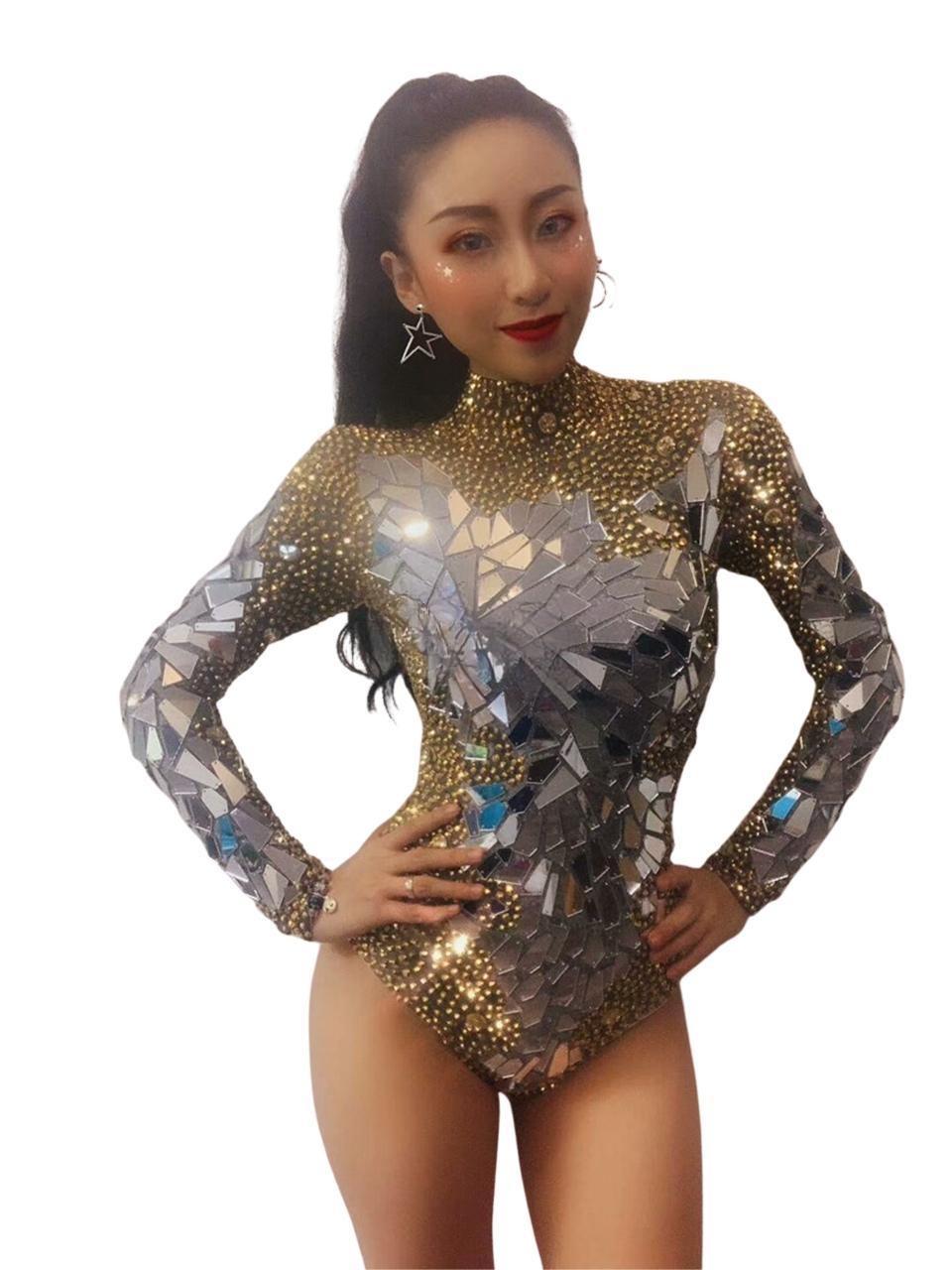Women's Birthday Party Outfit Sparkly Silver Rhinestones Mirrors Leotard  Dance Costume DS Bar Show Bodysuit Performance Costume
