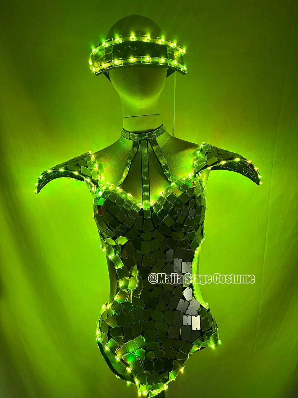 LED Full Color Mirror Bodysuit Women Dance Costume Silver Sequins Fly Shoulder Halloween Stage Performance