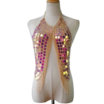 Festival Bling Plastic Sequined Crop Tops Women Sexy Metal Chain Tassel
