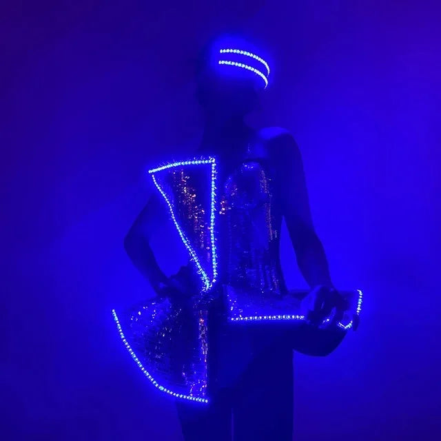 LED Punk Cyber Dance Suit Luminous Technology Costumes Bar Party Ice Blue Troupe Bar Gogo Clothing Nightclub Celebration Party