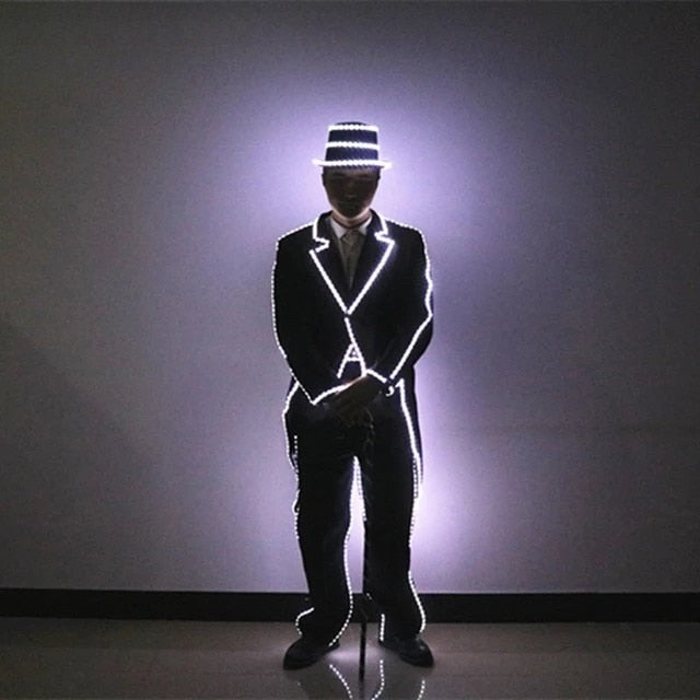 High Quality LED Illuminated Tuxedo Stage Suits Mike Mechanical Dance Show Costumes Bar Night Lights Clothes Hats and Pants