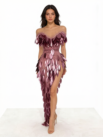Designer-Inspired Formal Gown for Women, 3D Petal Feather Details, Elegant High Slit Evening Dress for Special Occasions