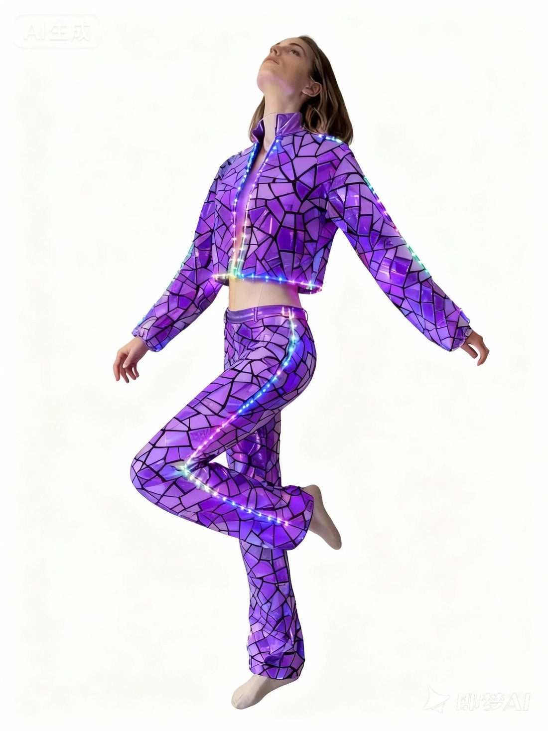 Silver Metallic LED Mirror Reflection Dress & Pants Set Women's Full-Coverage Glamour Costume for Party Cosplay & Stage Performances