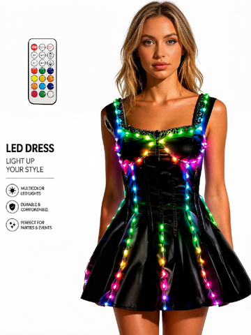 Women's LED Light-Up Corset Mini Dress, Glow in the Dark Rainbow Iridescent Sleeveless Party Dress for Rave, Festival, Halloween & Nightclub（副本）