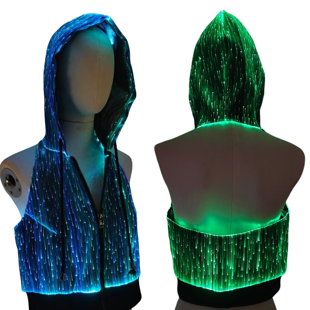 Woman LED Fiber Optic Light-Up Hooded Vest Multi-Color Glow for Stage & Festival Performances