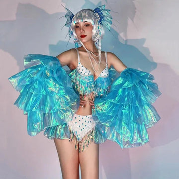 Dazzling Mermaid Show Costume - Full Sequin Bikini Ensemble with Glittering Flared Sleeves for Nightclub & Stage Performances
