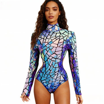 Purple Mirrors Bodysuit Cutout Strap Gogo Costume Women Dancer Jazz Dance Leotard Nightclub Party Sexy Performance Stage Wear