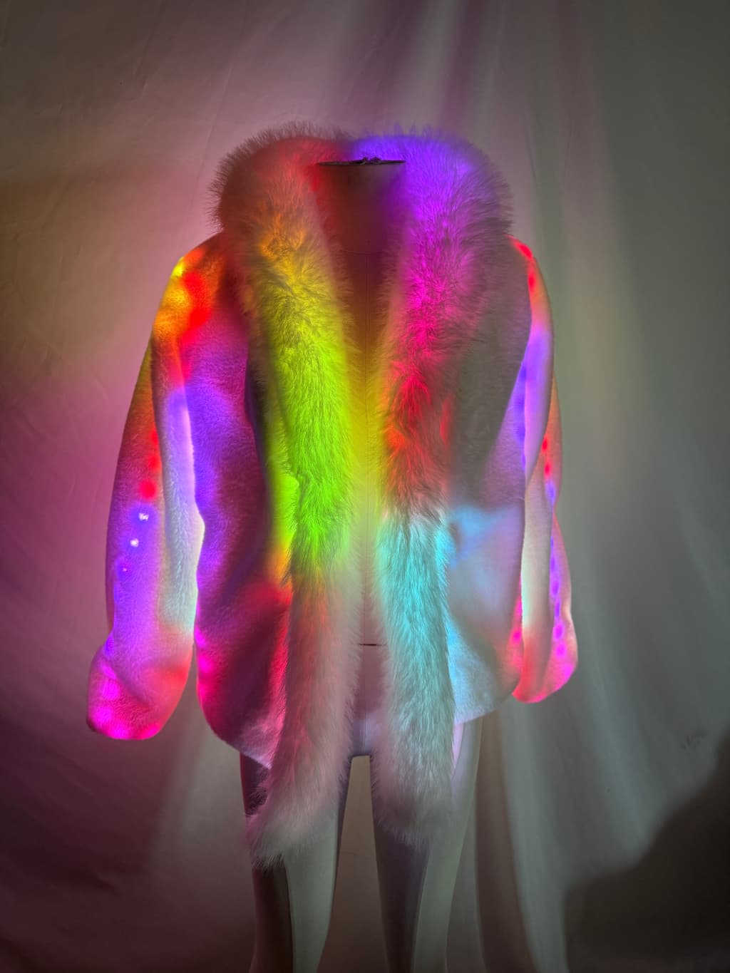 LED Light Up Rainbow Faux Fur Coat, Glow in The Dark Fluffy Fur Jacket for Women/Men, Neon Rave Outfit Halloween Christmas Costume Festival Clubwear (Plus Size Available)