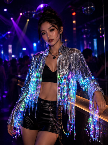 Women's LED Sequin Fringe Jacket – Silver Light-Up Tassel Coat with Built-in LED Lights, Sparkly Stage Performance Outfit for Nightclub, Festival, Concert, Dance Show & Party Costume