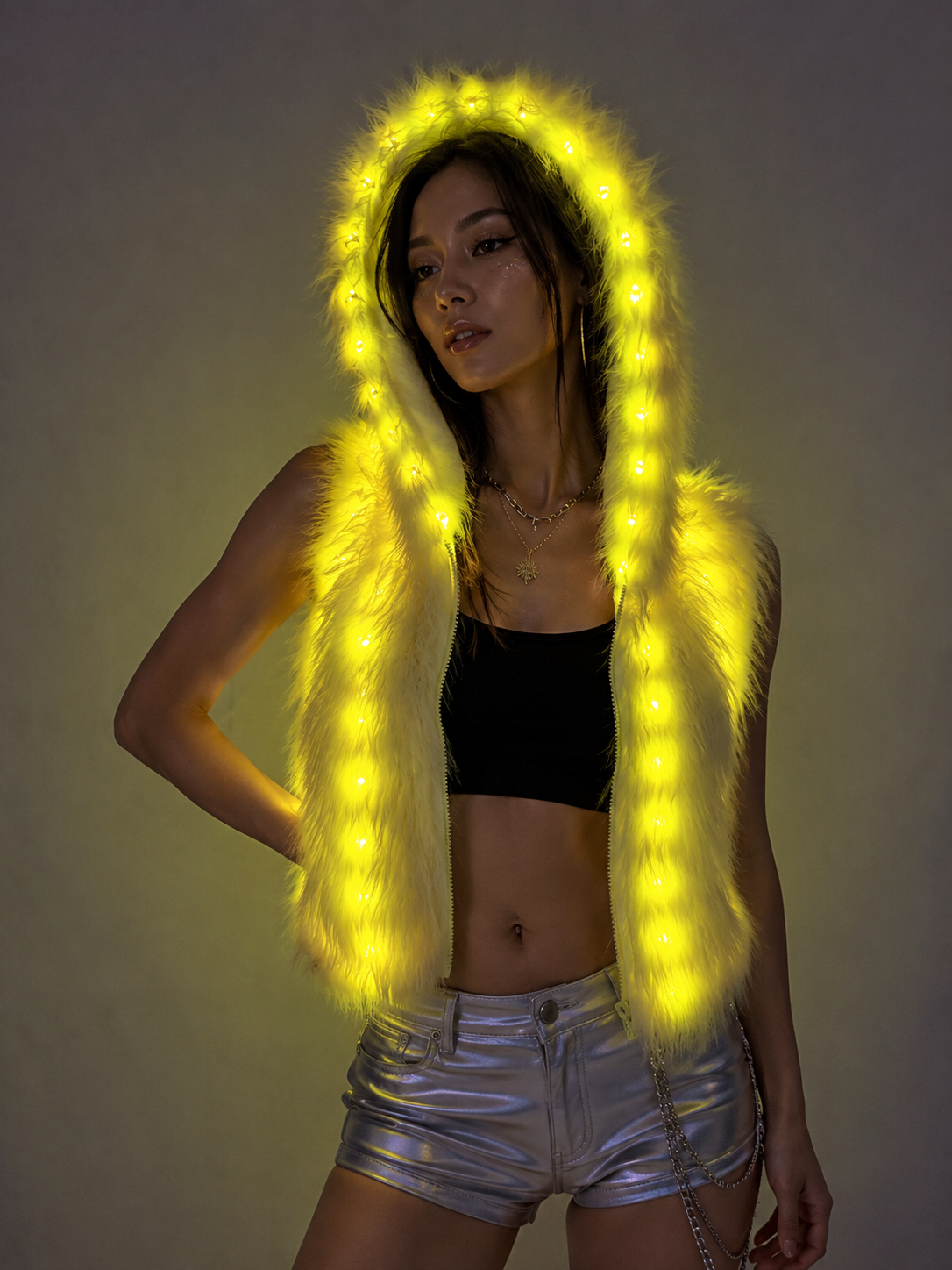 Rainbow LED Faux Fur Hooded Vest – Glowing Festival Jacket for EDM Raves, Burning Man, Night Parties & Cosplay