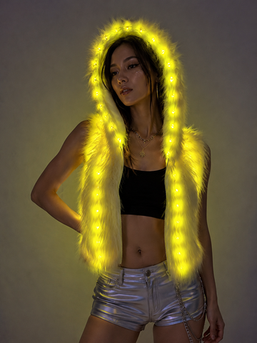 LED Light-Up Faux Fur Hooded Vest for Women – RGB Color Changing Festival Rave Costume Jacket with Rechargeable Lights