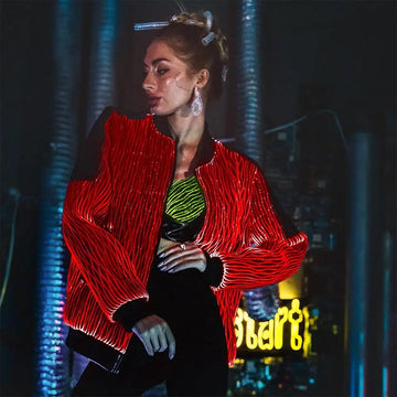 LED Strip Bomber Jacket - Futuristic Cyberpunk Light-Up Outerwear Glowing Striped Design Statement Party Coat for Edgy Nightstyle & Techwear Fashion