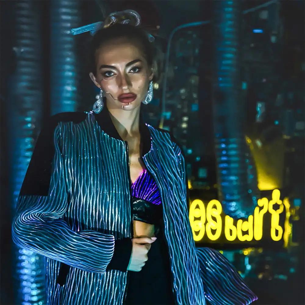 LED Strip Bomber Jacket - Futuristic Cyberpunk Light-Up Outerwear Glowing Striped Design Statement Party Coat for Edgy Nightstyle & Techwear Fashion