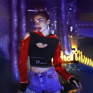Female LED Light-Up Fiber Optic Steampunk Long Sleeve Top Jacket Hollow Cosplay Prop for Adults Ballroom Performance Wear