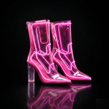 Cold Light Fiber Optic Transparent Boots for Women, LED Illuminated Clear PVC Cowboy Booties, Pointed Toe Chunky Heel Neon Glow Shoes for Halloween Cosplay Party