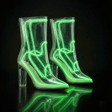 Women's LED Light Up Transparent Heeled Boots, Clear PVC Cowboy Style Neon Booties with Cold Light Fiber, Pointed Toe Block Heel Glow Party Shoes for Rave Festival Carnival