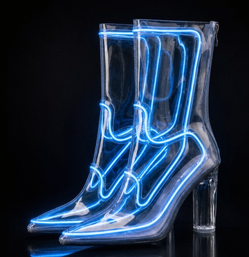 Y2K Glow Clear Heel Boots for Women, Luminous Fiber Optic Cowgirl Boots with Neon Lights, Transparent Stiletto Block Heel Pointed Toe Dress Boots for Nightclub Photo Prop