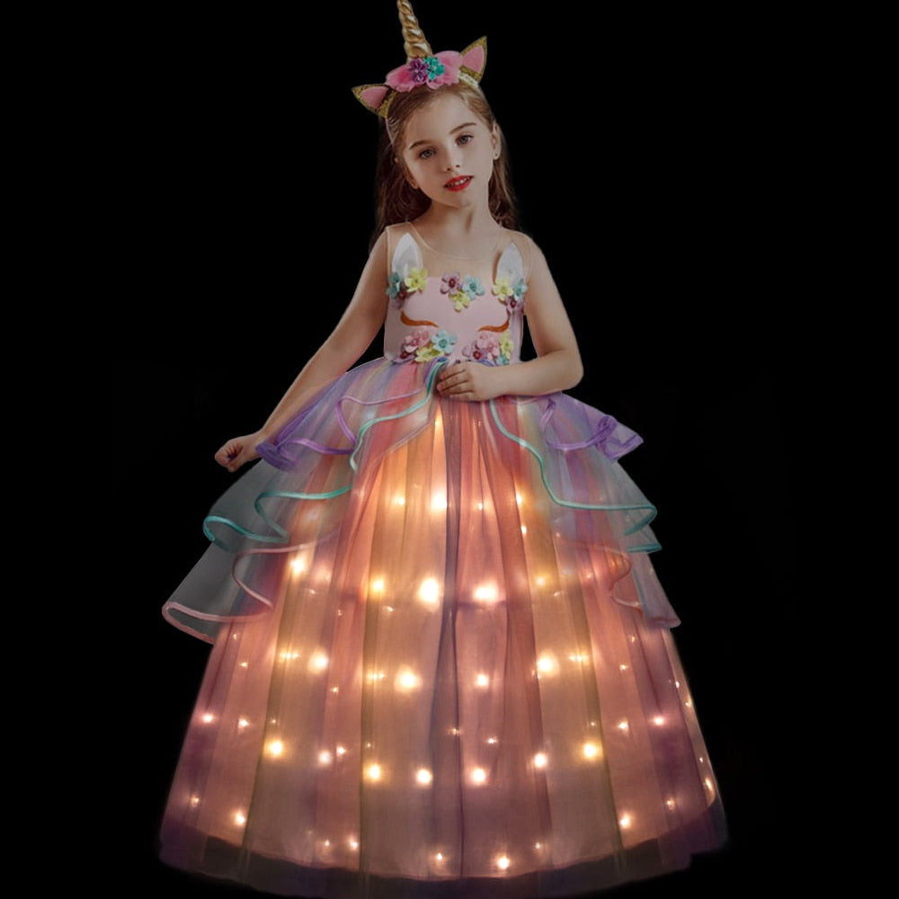 Vestido de fiesta de unicornio con luz LED para niña