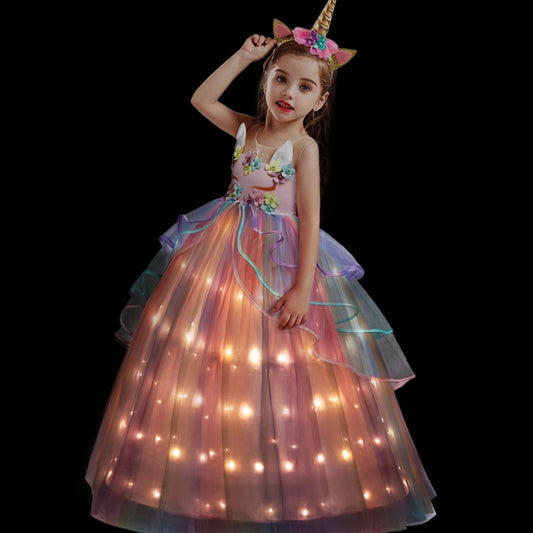 Vestido de fiesta de unicornio con luz LED para niña