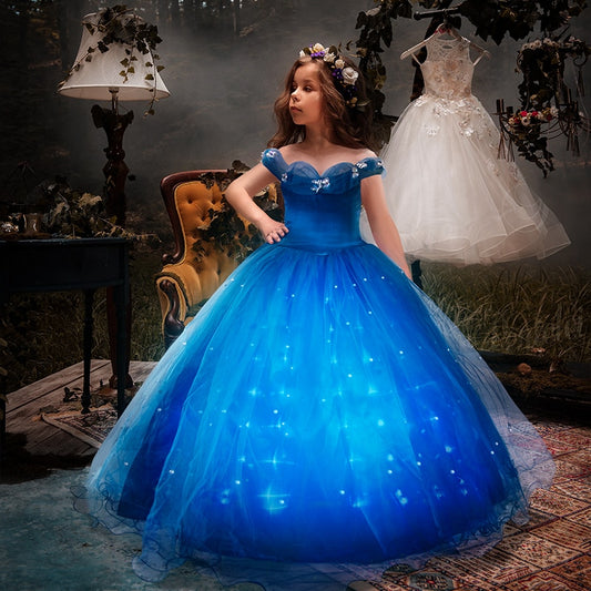 Vestido de princesa Cenicienta con luz LED para niñas para fiesta de cumpleaños de Navidad