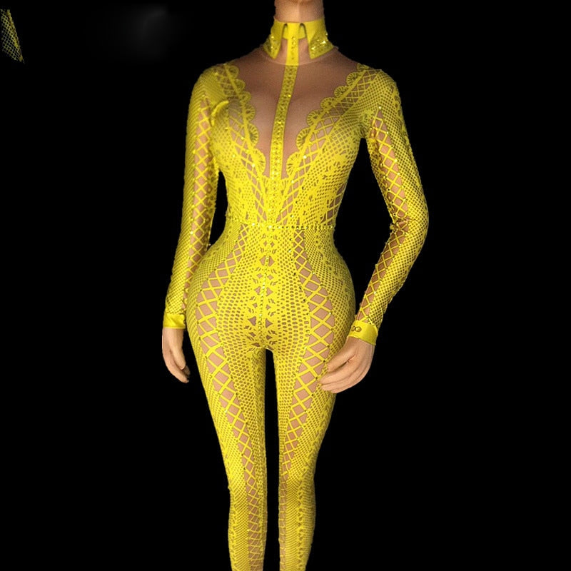 Yellow Black  White Printed Rhinestones Jumpsuit