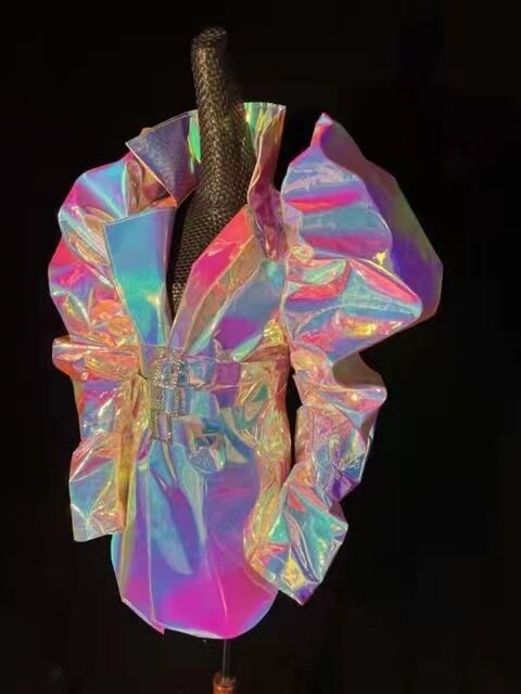 Reflective Rave dj lady gaga show music Festival singer Luminous fabric Laser Colours Leather Design Trench coat