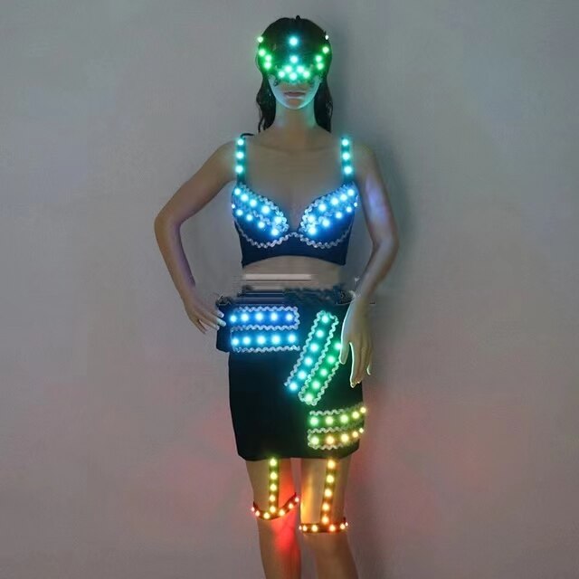 Traje LED a todo color Mujer sexy Vestido luminoso Baile en barra Ropa brillante Trajes de stripper enmascarados DJ DS Trajes de sujetador iluminados