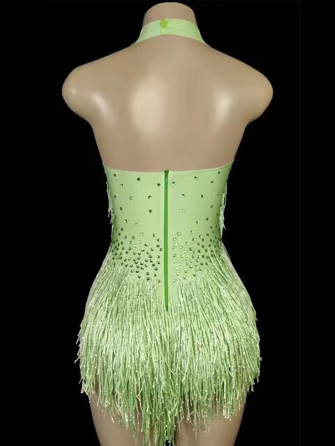 Body verde con flecos de cristales brillantes para mujer, traje de baile de Jazz con diamantes de imitación ostentosos para DJ, puesta en escena, atuendo para espectáculo en club nocturno