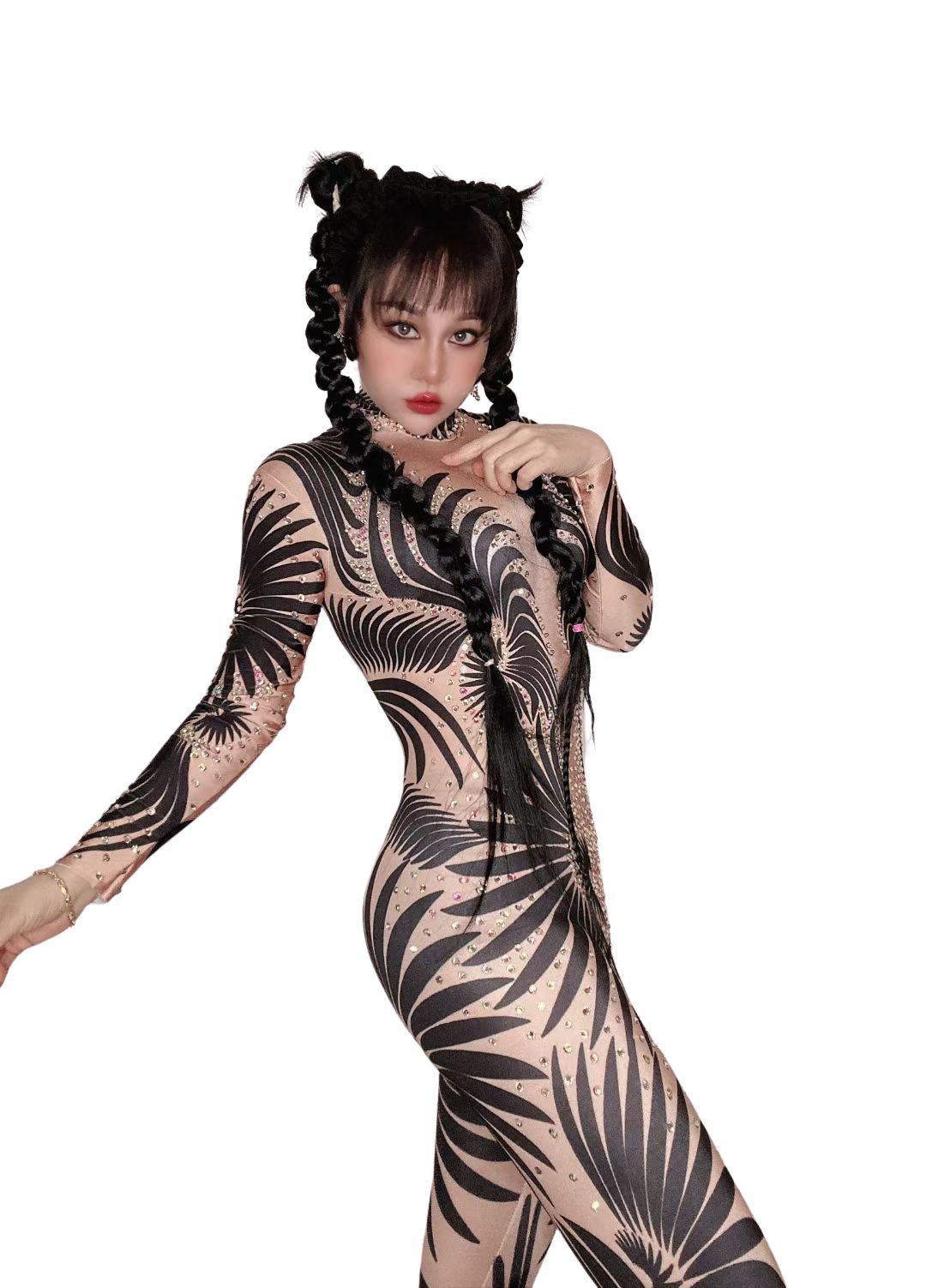 Sexy Female High Elastic Dance Suits Zebra Stripe Printing And Diamonds Costumes