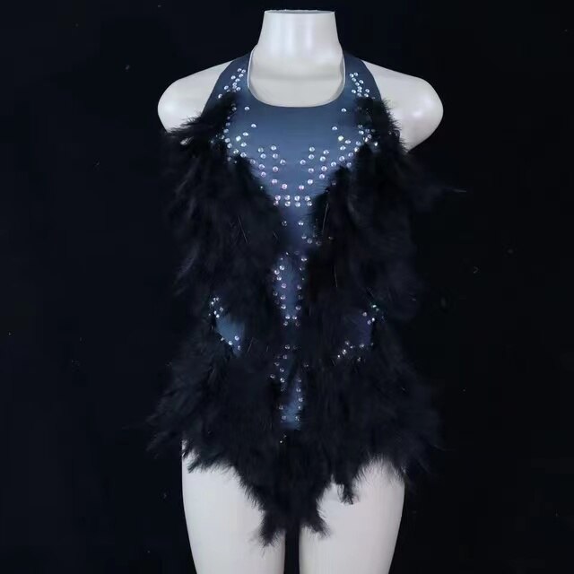 Sexy Suspenders White Feather Dress Colorful Rhinestone Backless Jumpsuit Nightclub Party DJ Stage Performance