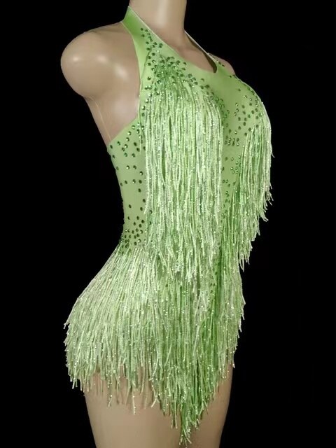 Body verde con flecos de cristales brillantes para mujer, traje de baile de Jazz con diamantes de imitación ostentosos para DJ, puesta en escena, atuendo para espectáculo en club nocturno