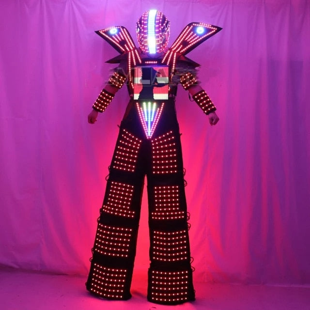 Stilt Walking Luminous Suit Jacket pecho display Casco Traje LED Robot Traje Ropa