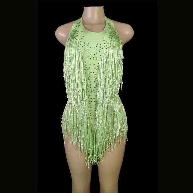 Body verde con flecos de cristales brillantes para mujer, traje de baile de Jazz con diamantes de imitación ostentosos para DJ, puesta en escena, atuendo para espectáculo en club nocturno