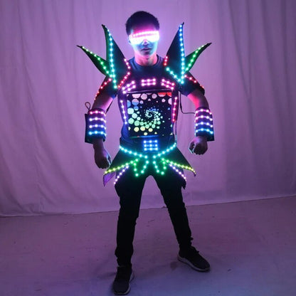 Ropa de pasarela de rendimiento de escenario futurista de tecnología con gafas y guantes