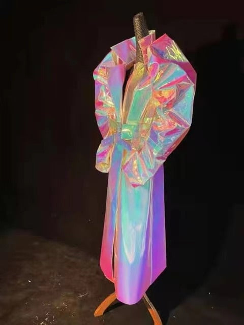 Reflective Rave dj lady gaga show music Festival singer Luminous fabric Laser Colours Leather Design Trench coat