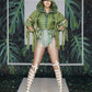 Traje de escenario de cantante femenina con estampado 3D verde militar