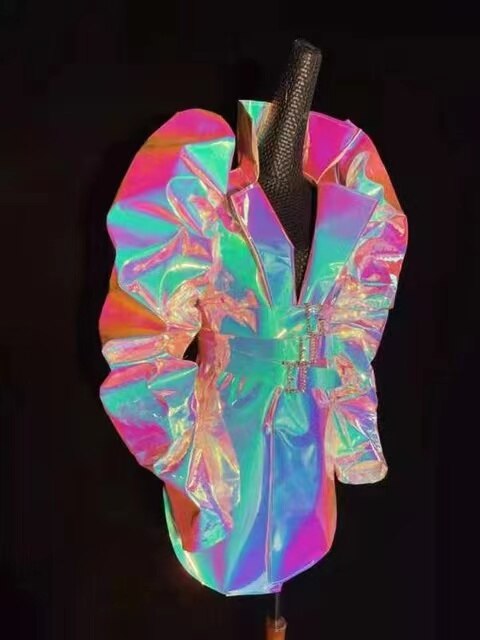 Reflective Rave dj lady gaga show music Festival singer Luminous fabric Laser Colours Leather Design Trench coat