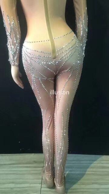 Bling Silver Rhinestones Nude Sequin Jumpsuit Sexy Club Bar Dance costume Rompers Women Jumpsuit Prom Birthday Party Outfits